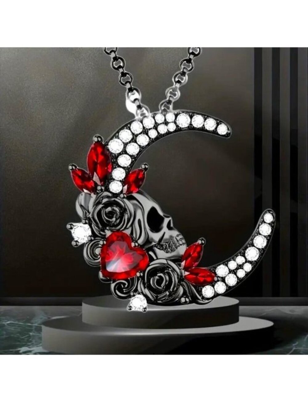 Necklace Moon Skull Crystal Rhinestones Red Emo Goth Black Scene Heart Trendy